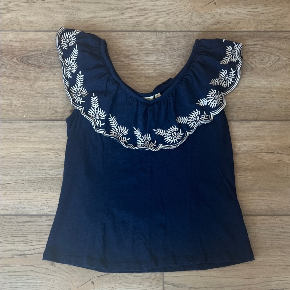 Anthropologie Navy Blouse with White Embroidery
